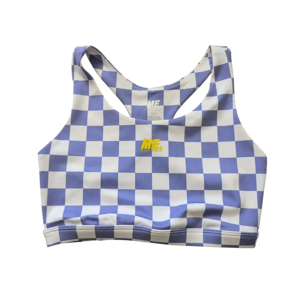 ME. Melody Eshani Periwinkle Blue Checkered Racerback Sports Bra Small Athletic‎